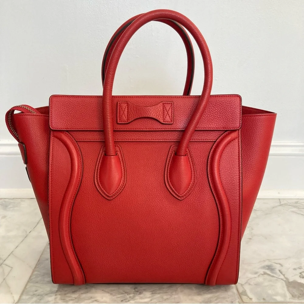 SALE🇺🇸CELINE Micro Red Drummed Leather Luggage Tote Handbag - Picture 3 of 14